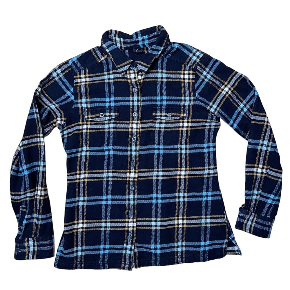 Patagonia Women’s Black Blue and Yellow Plaid Button Down Shirt